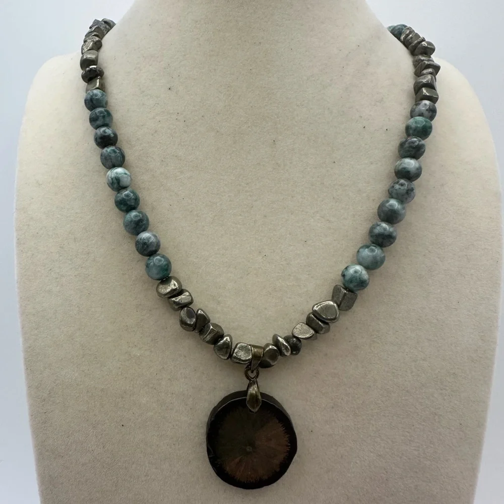 Pyrite and Jade Beaded Necklace with Pyrite Sun Pendant